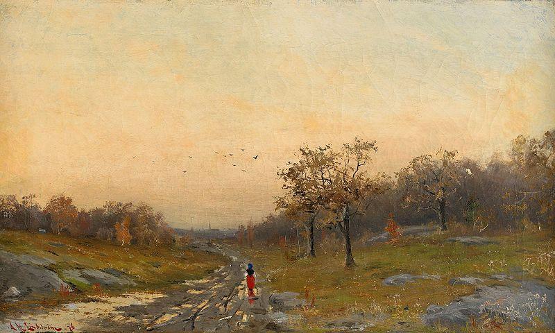 Mauritz Lindstrom Autumn Landscape with a Woman on a Road